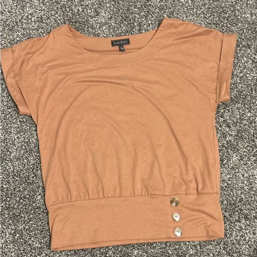 Kensie Tan Short Sleeve Top with Button Accents